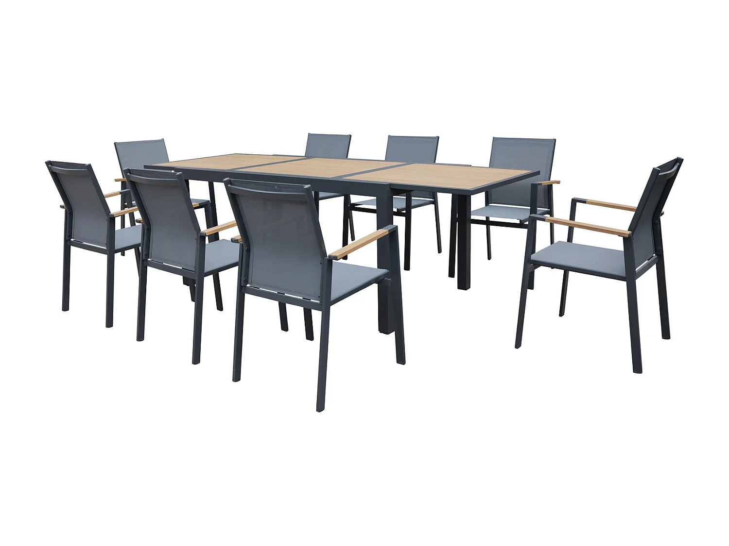 Salon de jardin PALERMO extensible en textilène gris 8 places - aluminium anthracite et effet bois - HAPPY GARDEN