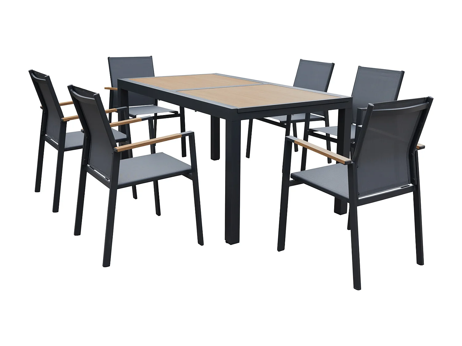 Salon de jardin PALERMO extensible en textilène gris 8 places - aluminium anthracite et effet bois - HAPPY GARDEN