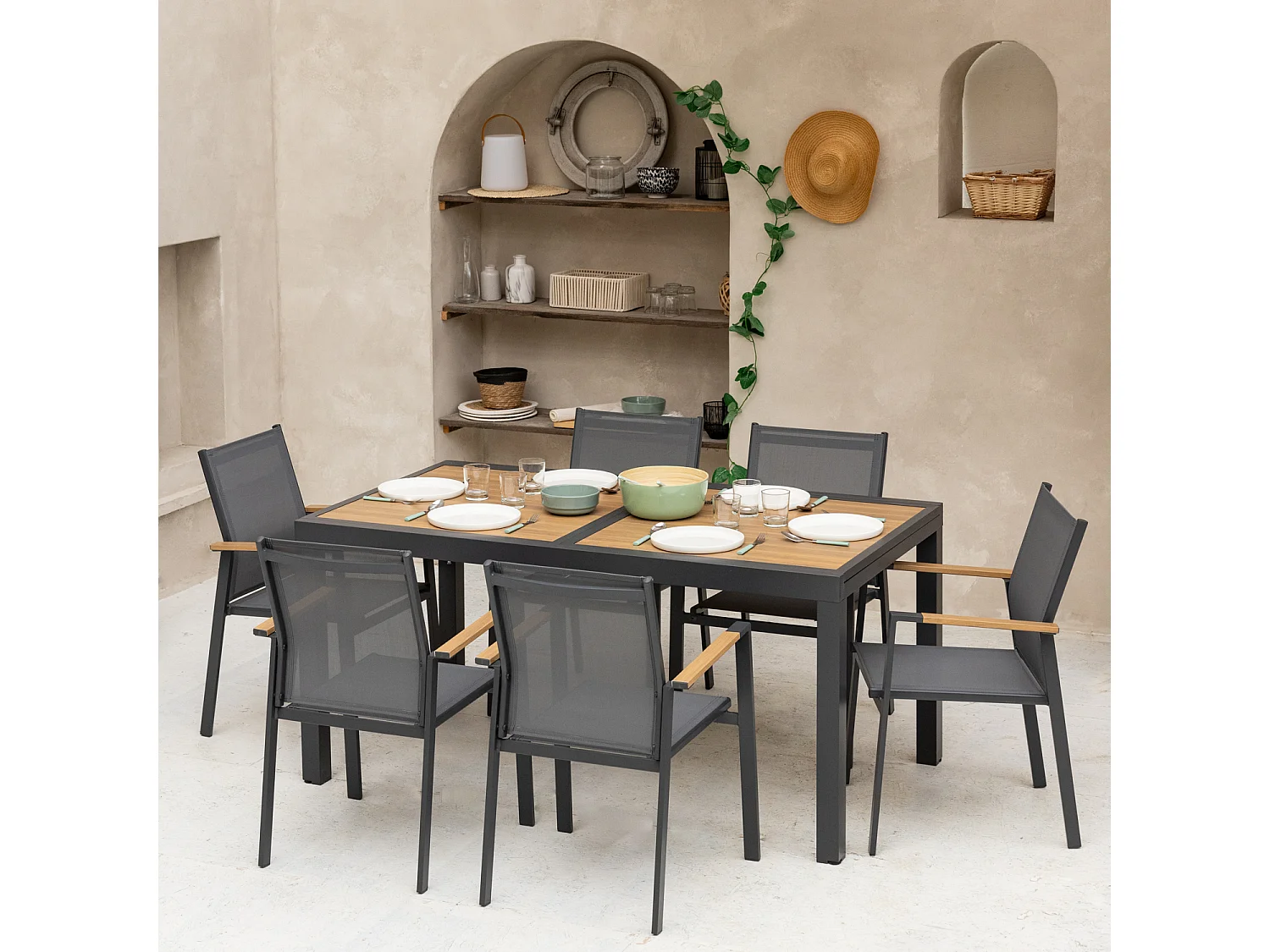 Salon de jardin PALERMO extensible en textilène gris 8 places - aluminium anthracite et effet bois - HAPPY GARDEN