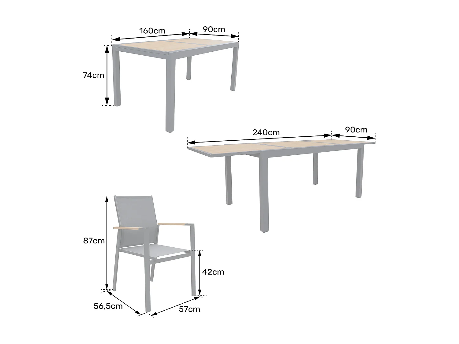 Salon de jardin PALERMO extensible en textilène gris 8 places - aluminium anthracite et effet bois - HAPPY GARDEN