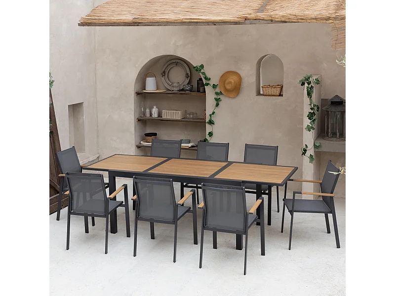 Salon de jardin PALERMO extensible en textilène gris 8 places - aluminium anthracite et effet bois - HAPPY GARDEN