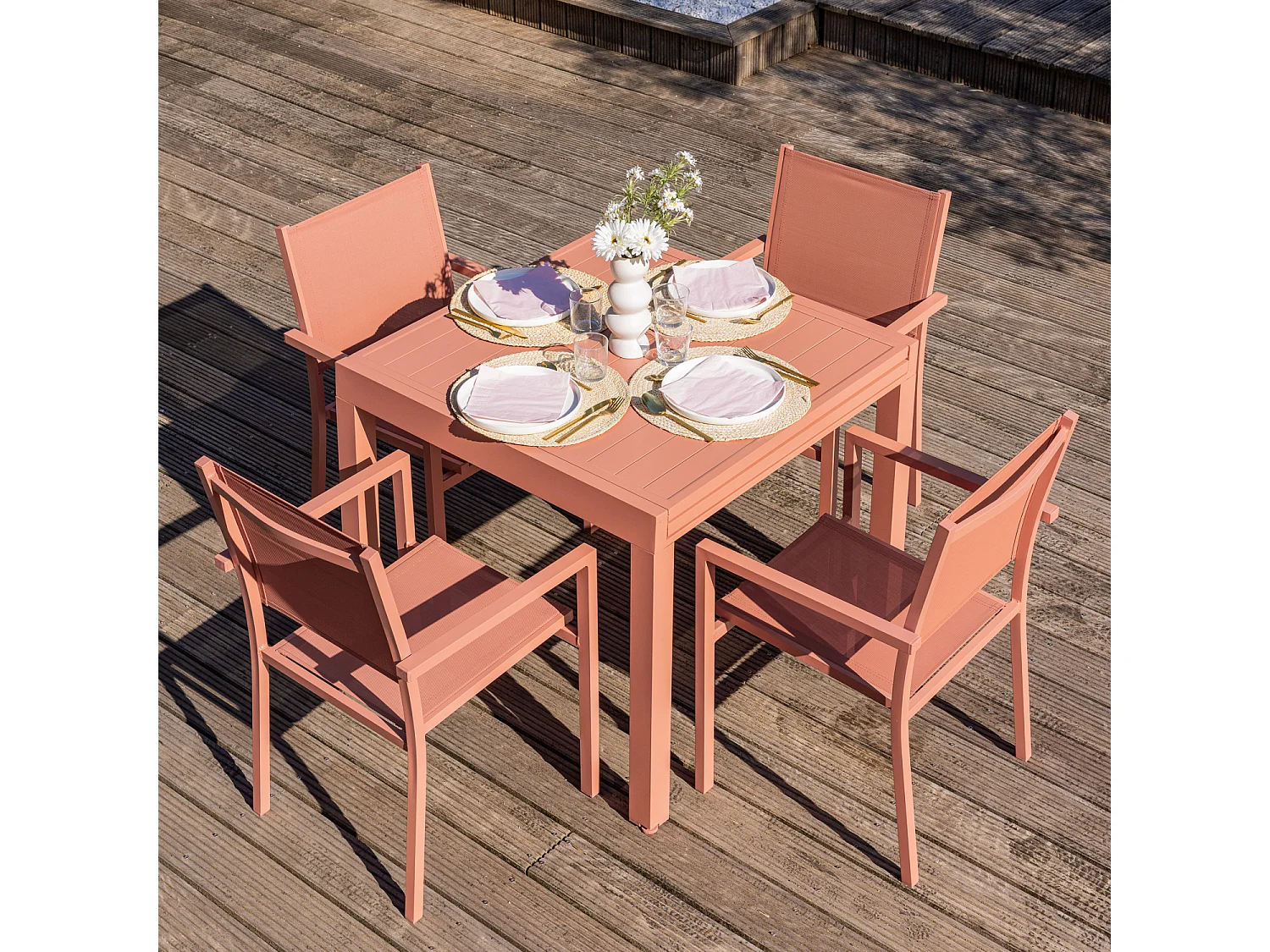 Salon de jardin VENEZIA extensible 90/180 en textilène terracotta 8 places - aluminium terracotta - HAPPY GARDEN