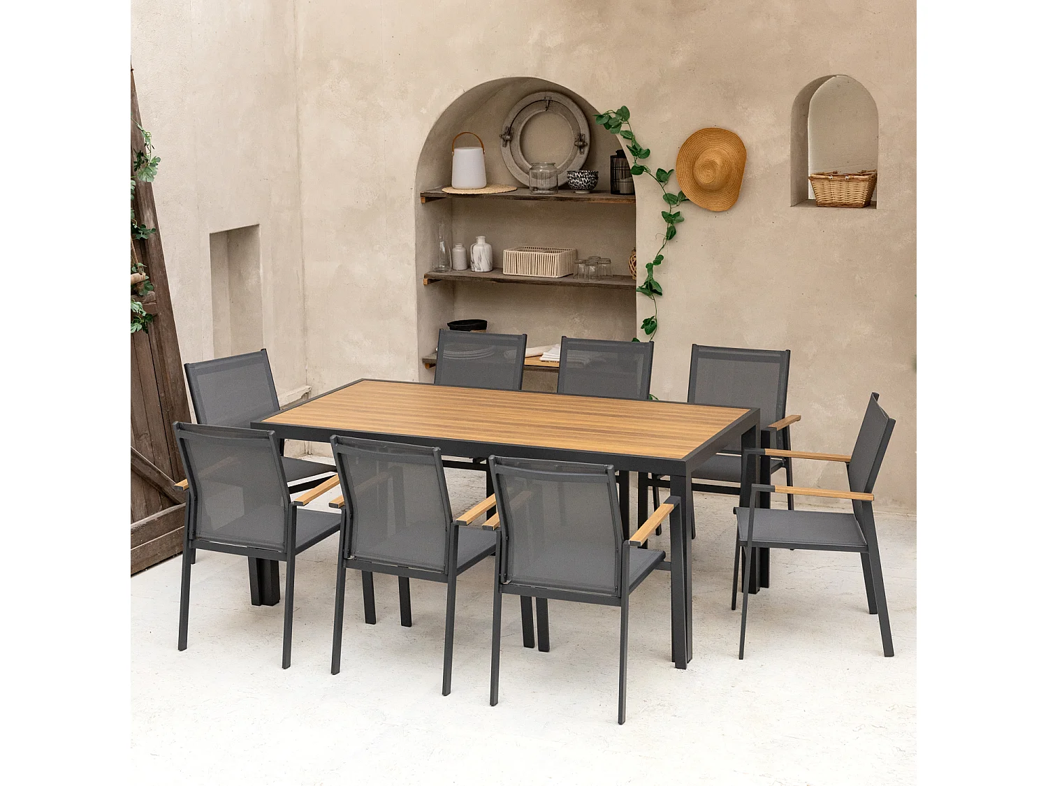 Salon de jardin PALERMO en textilène gris 8 places - aluminium anthracite et effet bois - HAPPY GARDEN