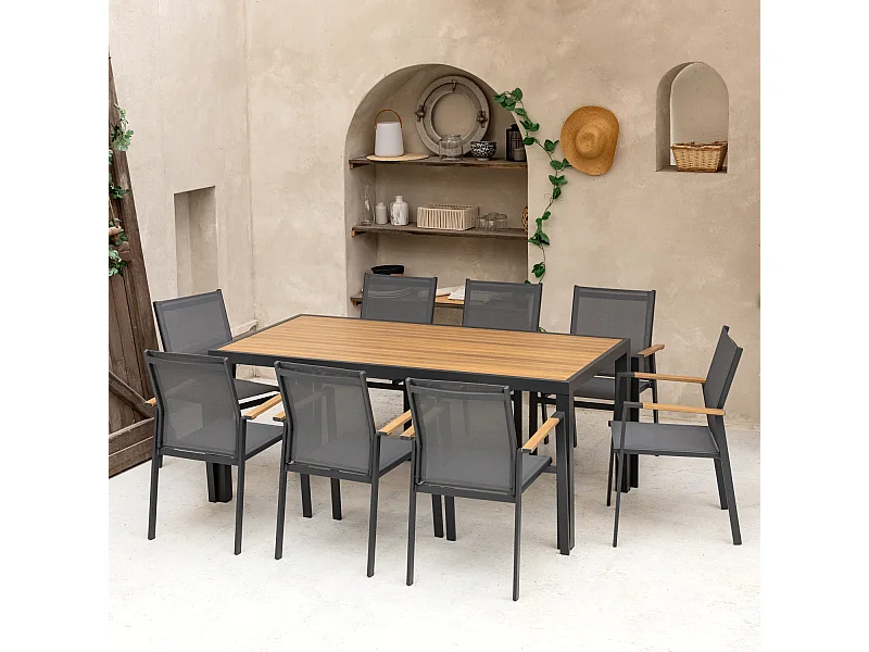 Salon de jardin PALERMO en textilène gris 8 places - aluminium anthracite et effet bois - HAPPY GARDEN