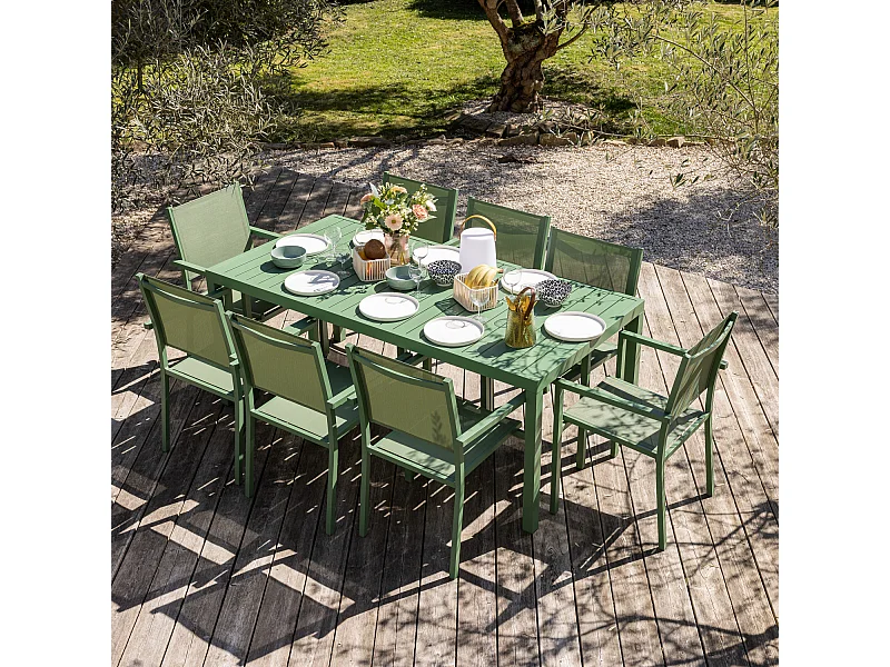 Salon de jardin BARI en textilène vert sauge 8 places - aluminium vert sauge - HAPPY GARDEN