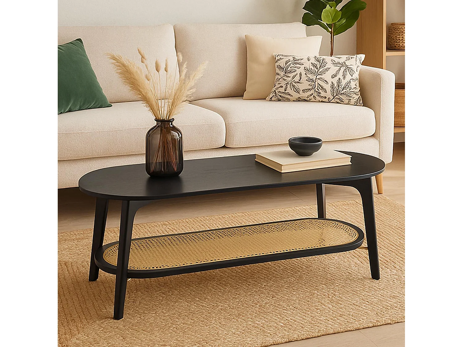Table basse moderne Yokori en cannage et Bambou Noir