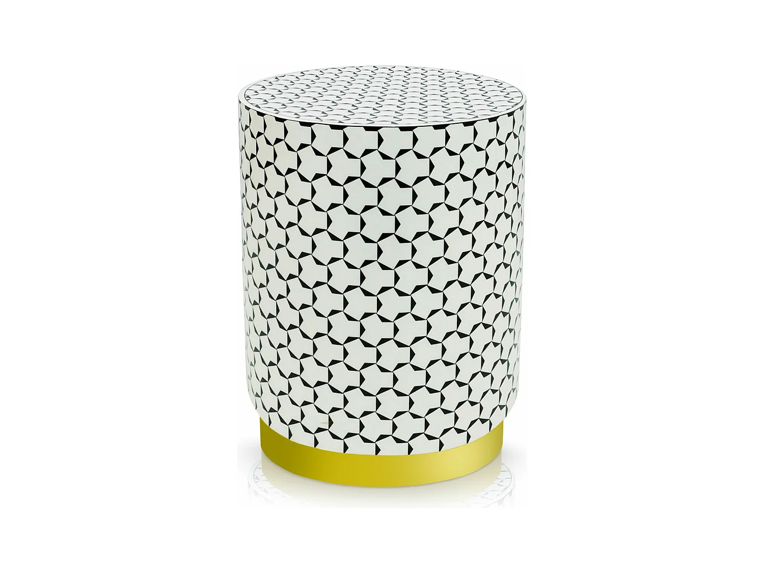Pouf cylindrique Combino Motif géométrique Noir et blanc pied or