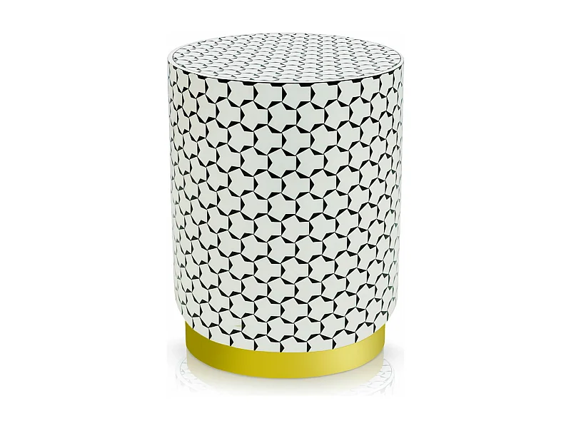 Pouf cylindrique Combino Motif géométrique Noir et blanc pied or