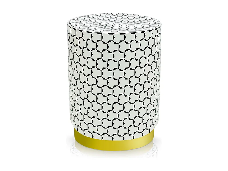 Pouf cylindrique Combino Motif géométrique Noir et blanc pied or
