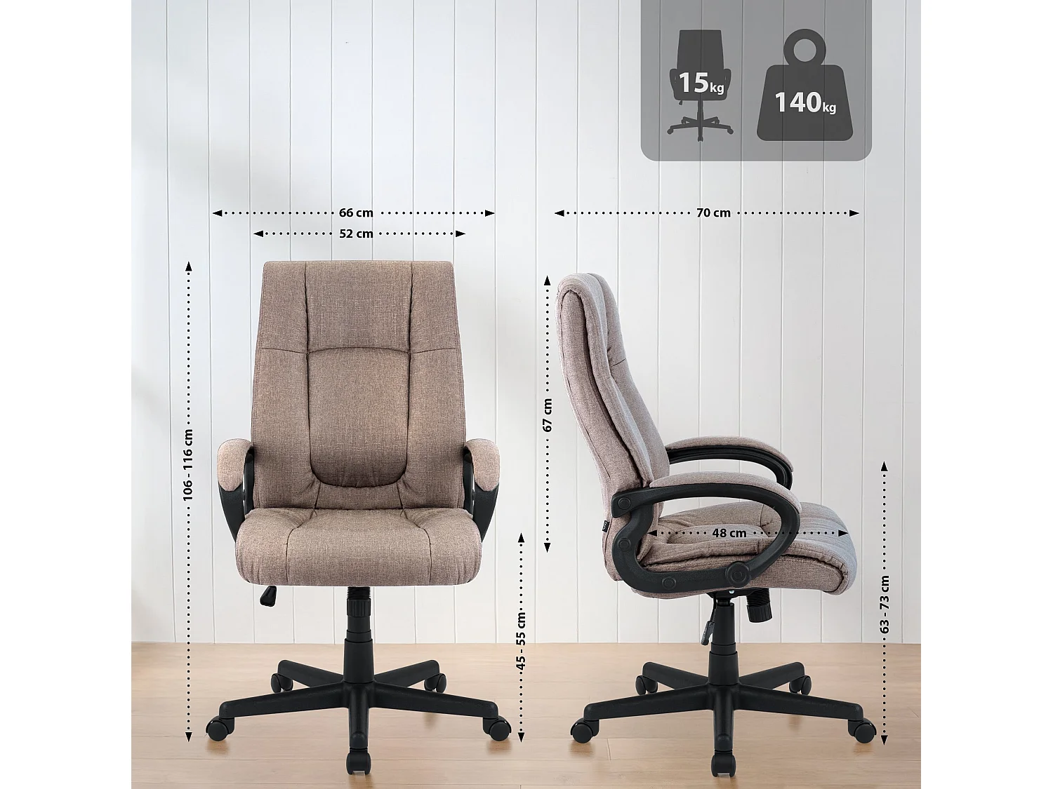 Chaise de bureau - Tissu & Noir - Taupe - XL Sparta