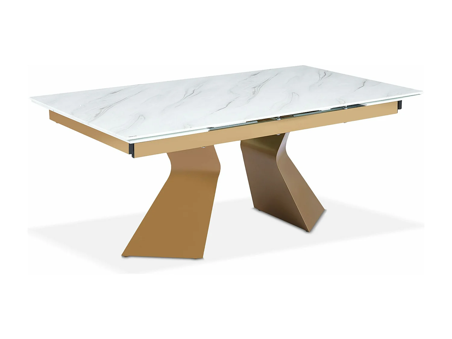 Table à manger extensible Icaria en Verre effet Marbre Blanc et pieds Or