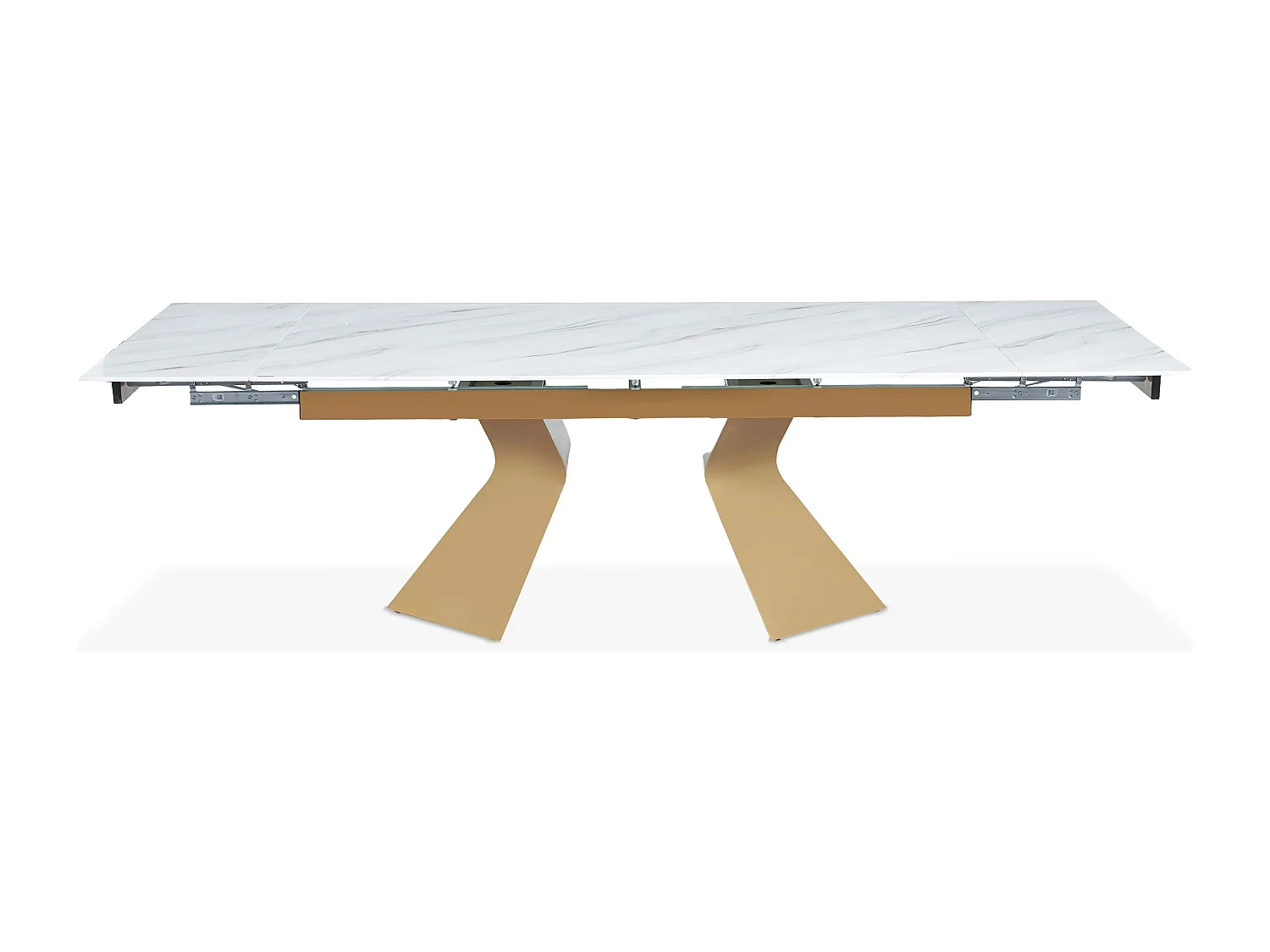 Table à manger extensible Icaria en Verre effet Marbre Blanc et pieds Or