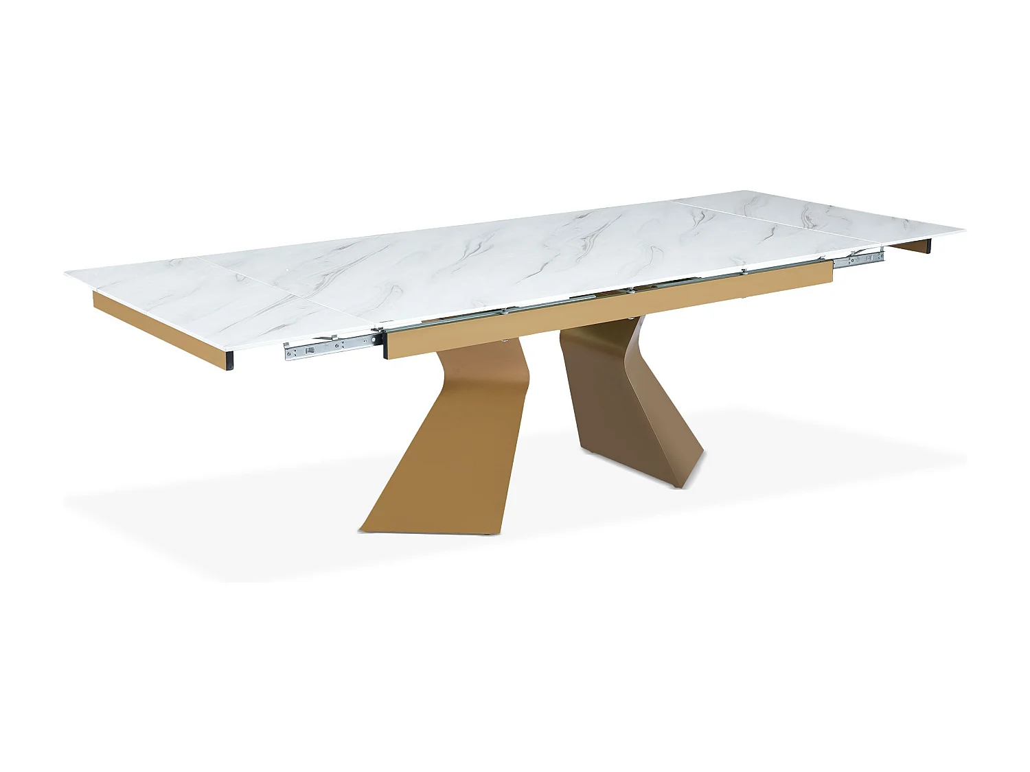Table à manger extensible Icaria en Verre effet Marbre Blanc et pieds Or