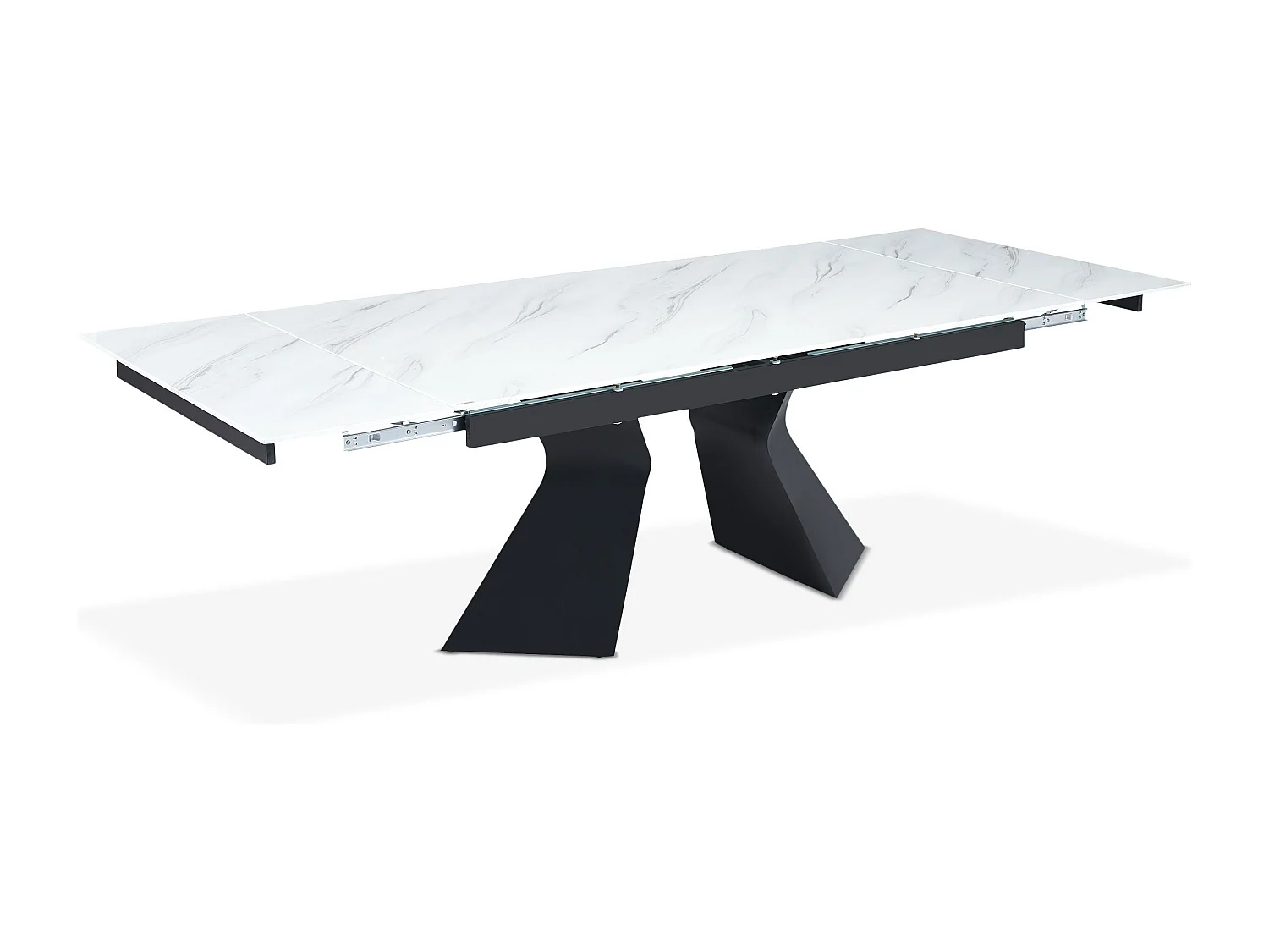 Table à manger extensible Icaria en Verre effet marbre blanc et pieds Métal Noir