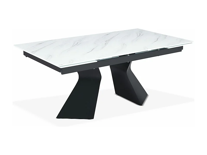 Table à manger extensible Icaria en Verre effet marbre blanc et pieds Métal Noir