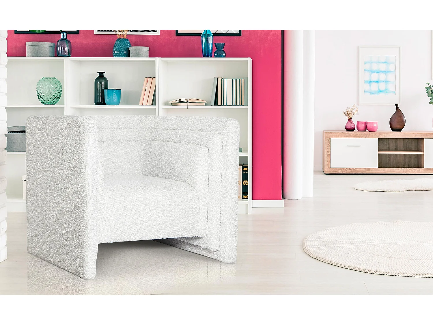 Fauteuil moderne style cubique Fredonia Tissu bouclette Crème