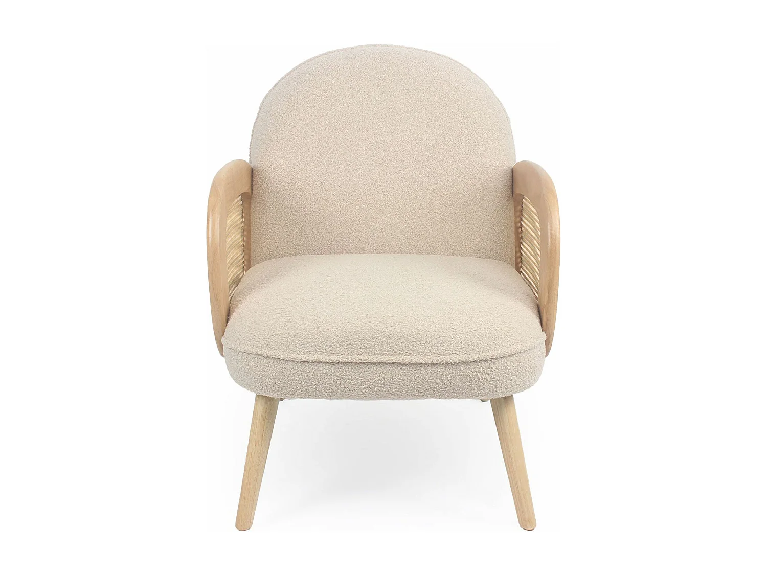 Fauteuil style bohème Rondou accoudoirs cannage et Tissu bouclette Beige