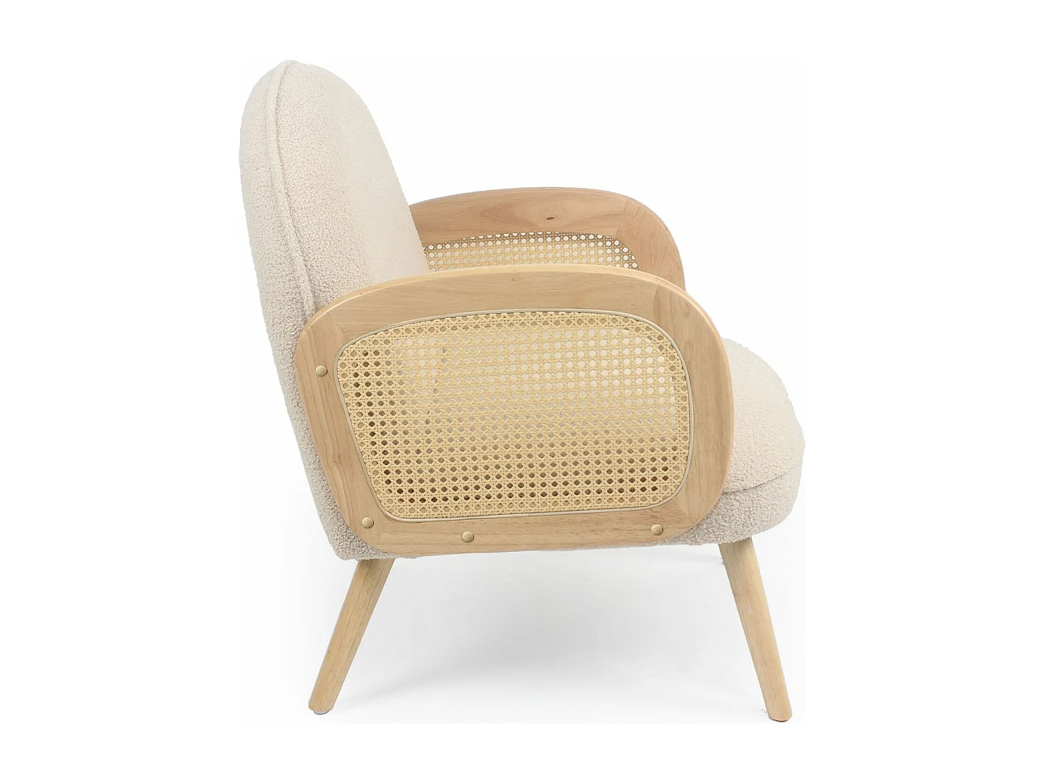 Fauteuil style bohème Rondou accoudoirs cannage et Tissu bouclette Beige