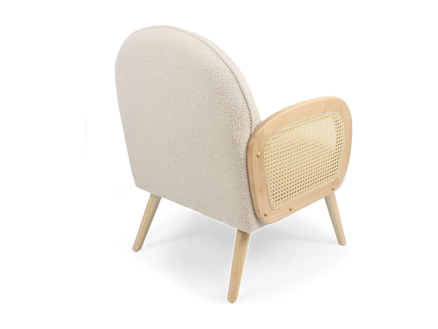 Fauteuil style bohème Rondou accoudoirs cannage et Tissu bouclette Beige