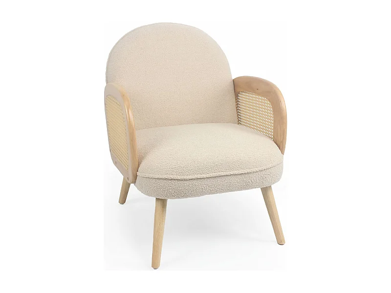 Fauteuil style bohème Rondou accoudoirs cannage et Tissu bouclette Beige