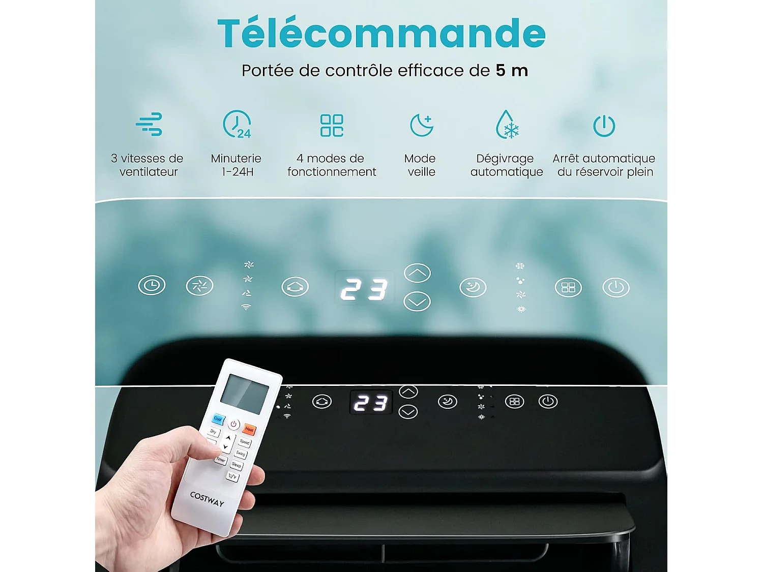 Climatiseur Mobile Silencieux 4 en 1 - 14000BTU [Classe Energétique A] avec Chauffage Ventilateur Déshumidificateur Rafraîchisseur Mode Nuit