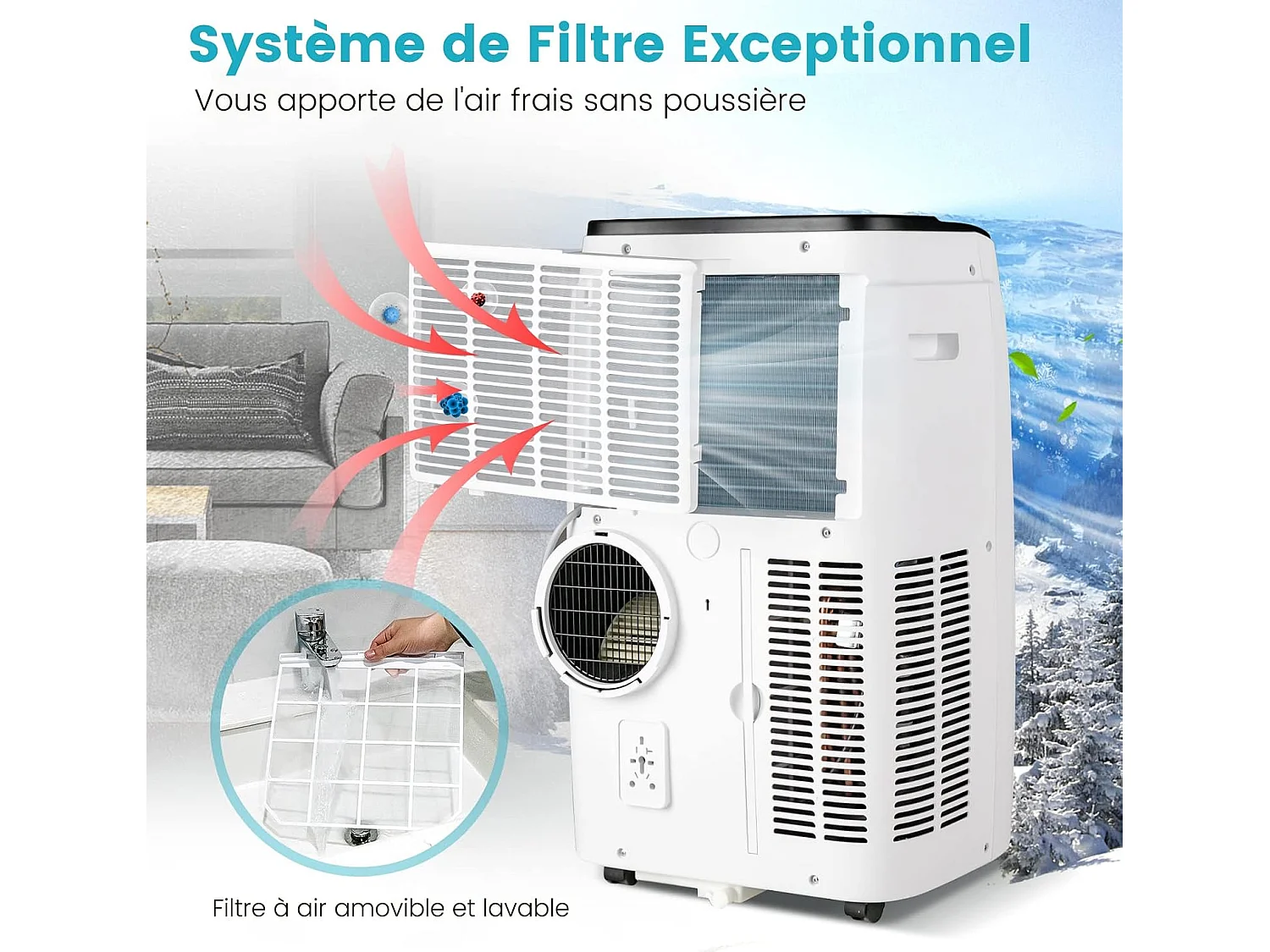 Climatiseur Mobile Silencieux 4 en 1 - 14000BTU [Classe Energétique A] avec Chauffage Ventilateur Déshumidificateur Rafraîchisseur Mode Nuit