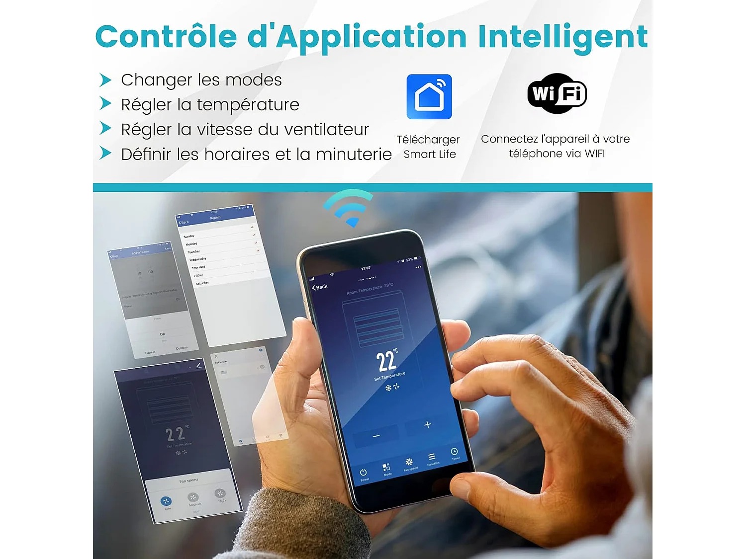 Climatiseur Mobile Silencieux 4 en 1 - 14000BTU [Classe Energétique A] avec Chauffage Ventilateur Déshumidificateur Rafraîchisseur Mode Nuit