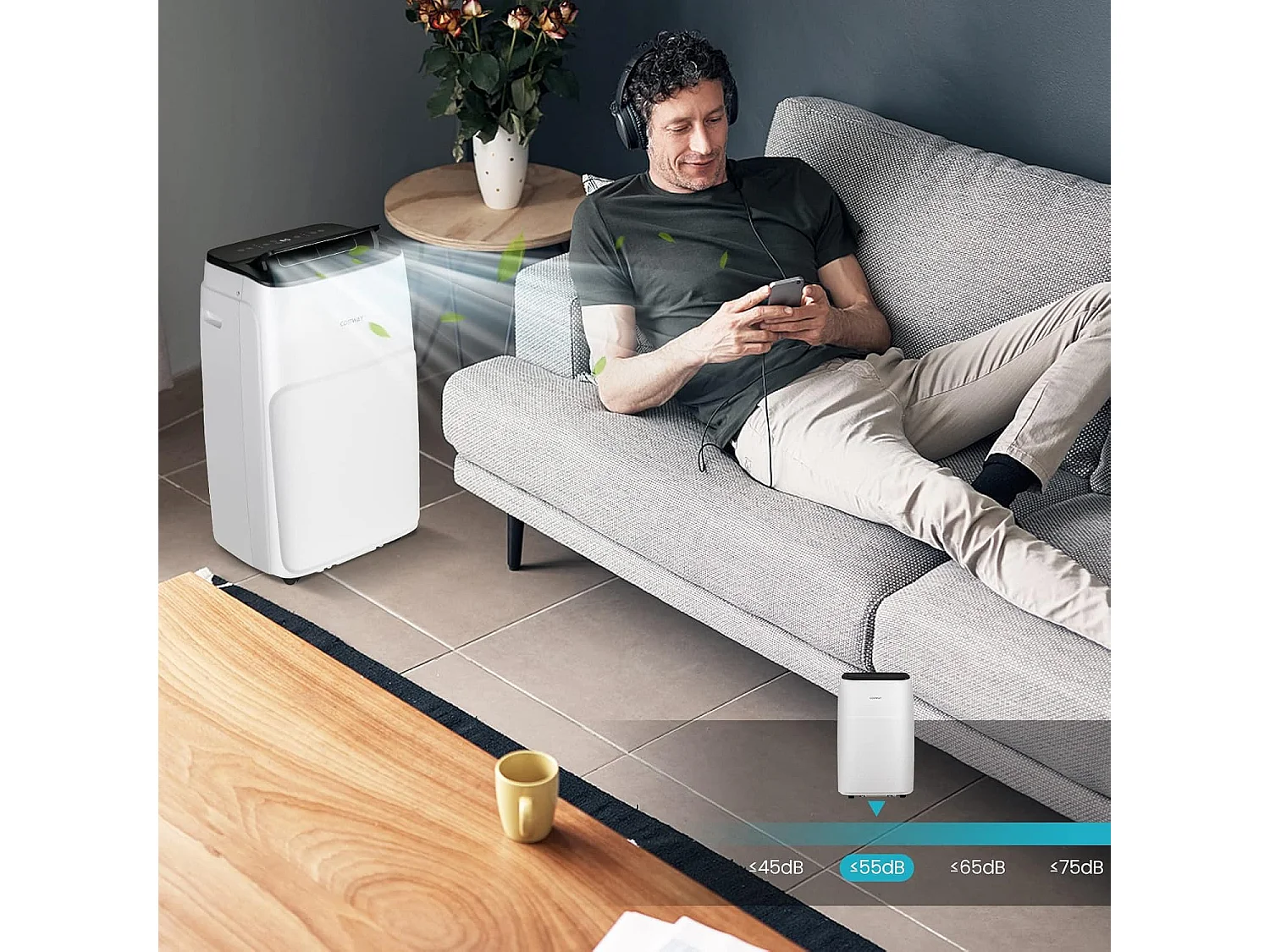 Climatiseur Mobile Silencieux 4 en 1 - 14000BTU [Classe Energétique A] avec Chauffage Ventilateur Déshumidificateur Rafraîchisseur Mode Nuit