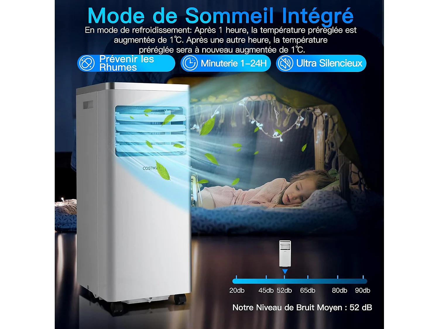 Climatiseur Mobile R290 4 en 1 - 7000 BTU 25 m² 2,1 kw [Classe Energétique A] Rafraîchisseur Ventilation Déshumidification et Mode Nuit-Télécommande
