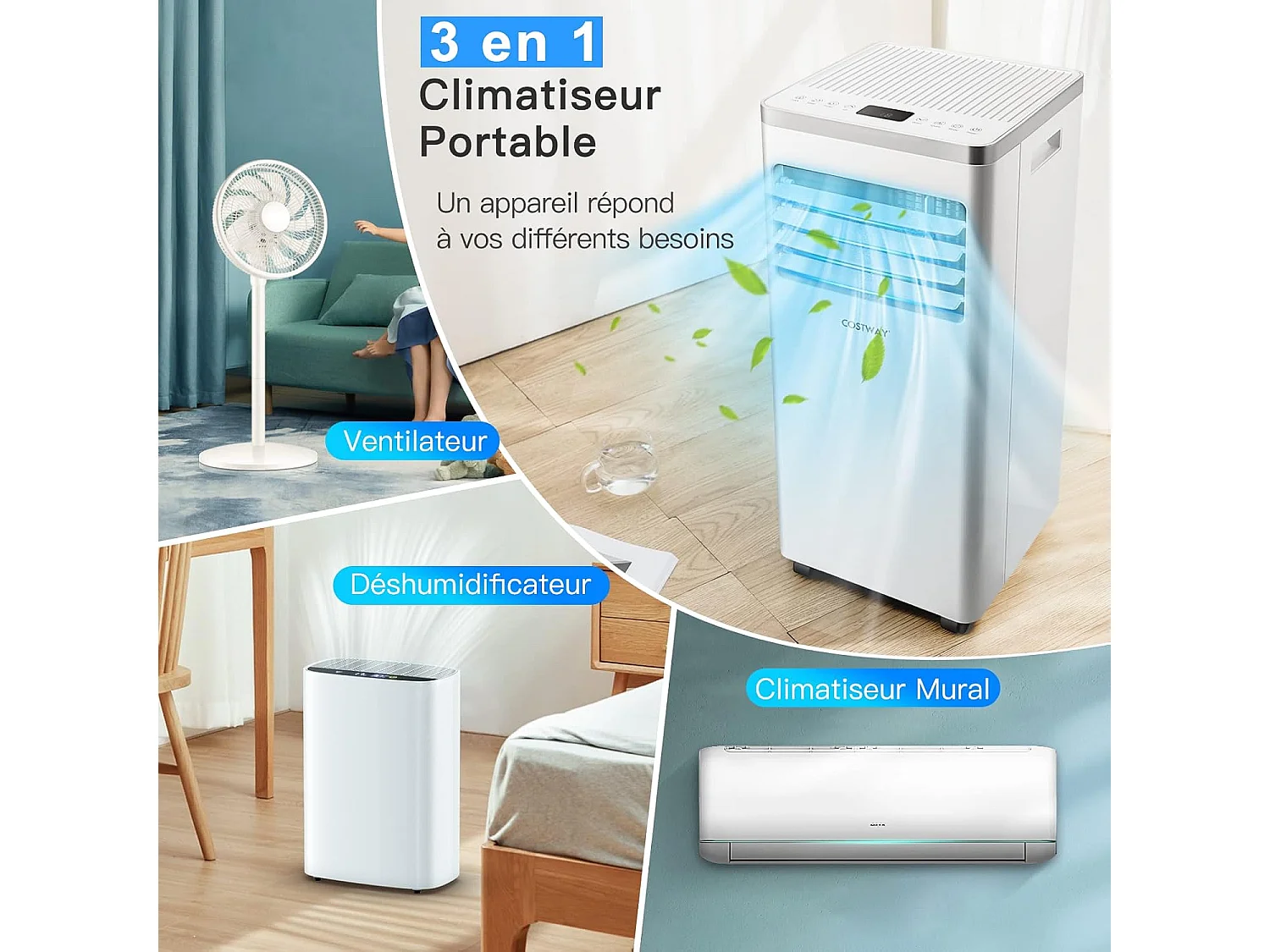 Climatiseur Mobile R290 4 en 1 - 7000 BTU 25 m² 2,1 kw [Classe Energétique A] Rafraîchisseur Ventilation Déshumidification et Mode Nuit-Télécommande