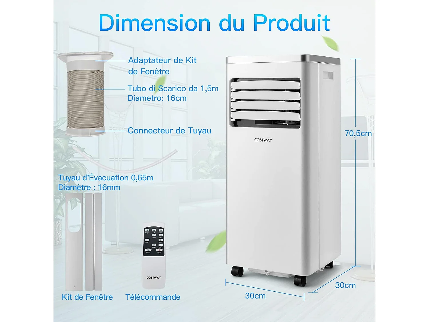 Climatiseur Mobile R290 4 en 1 - 7000 BTU 25 m² 2,1 kw [Classe Energétique A] Rafraîchisseur Ventilation Déshumidification et Mode Nuit-Télécommande