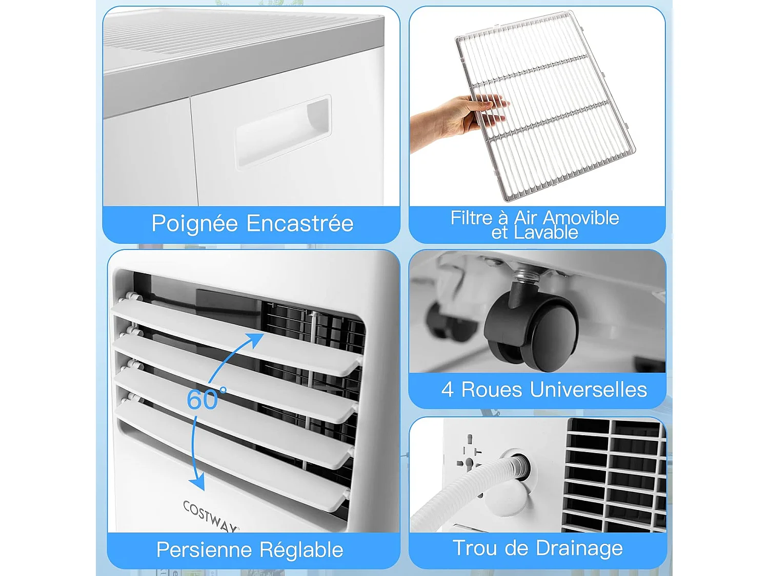 Climatiseur Mobile R290 4 en 1 - 7000 BTU 25 m² 2,1 kw [Classe Energétique A] Rafraîchisseur Ventilation Déshumidification et Mode Nuit-Télécommande