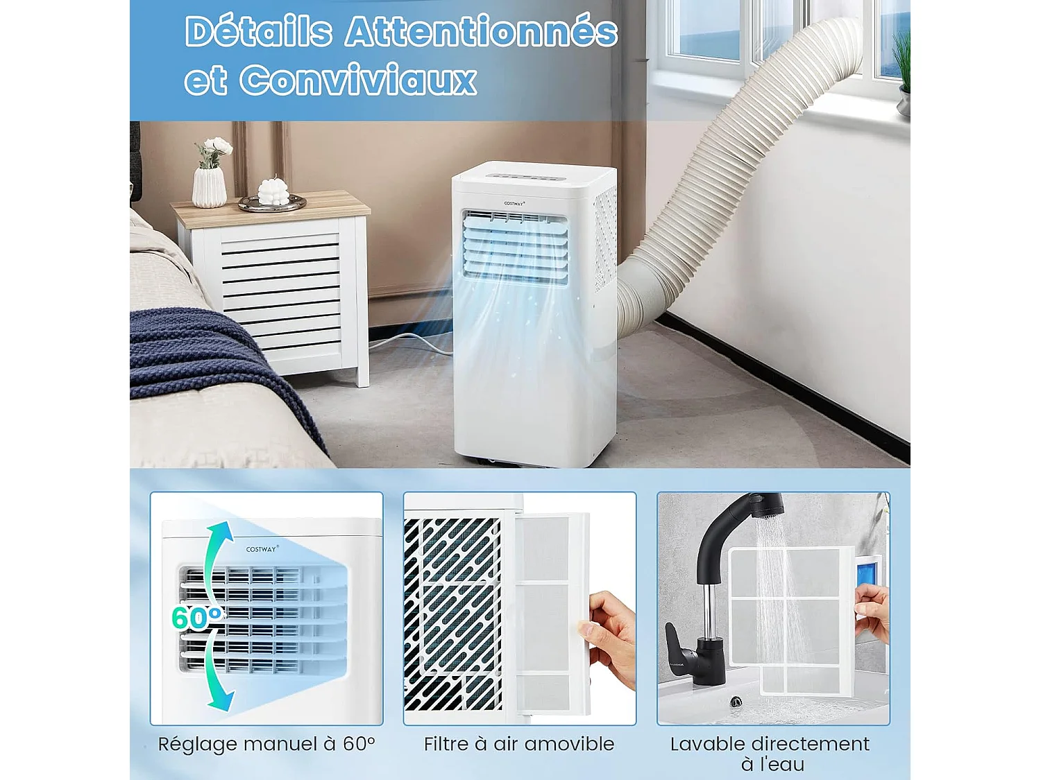 Climatiseur Mobile Silencieux 9000BTU, Climatiseur Portable 4 en 1 Rafraîchisseur R290, Ventilateur, Déshumidificateur 20L/Jour, Mode Nuit, Minuterie 24h [Classe A]