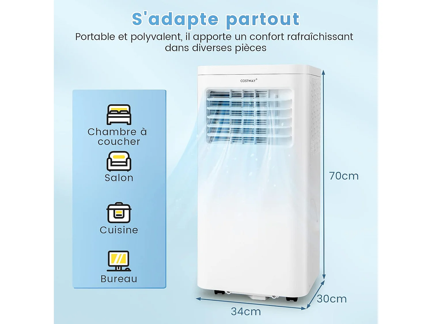 Climatiseur Mobile Silencieux 9000BTU, Climatiseur Portable 4 en 1 Rafraîchisseur R290, Ventilateur, Déshumidificateur 20L/Jour, Mode Nuit, Minuterie 24h [Classe A]
