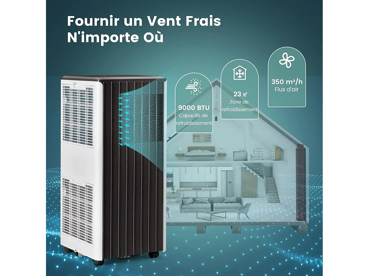 9000BTU 4 in 1 stille draagbare airconditioner [Energieklasse A] APP-bediening met koelventilator Luchtontvochtiger Slaapmodus 24-uurs timer