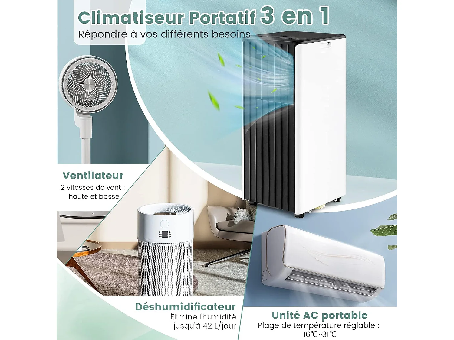9000BTU 4 in 1 stille draagbare airconditioner [Energieklasse A] APP-bediening met koelventilator Luchtontvochtiger Slaapmodus 24-uurs timer