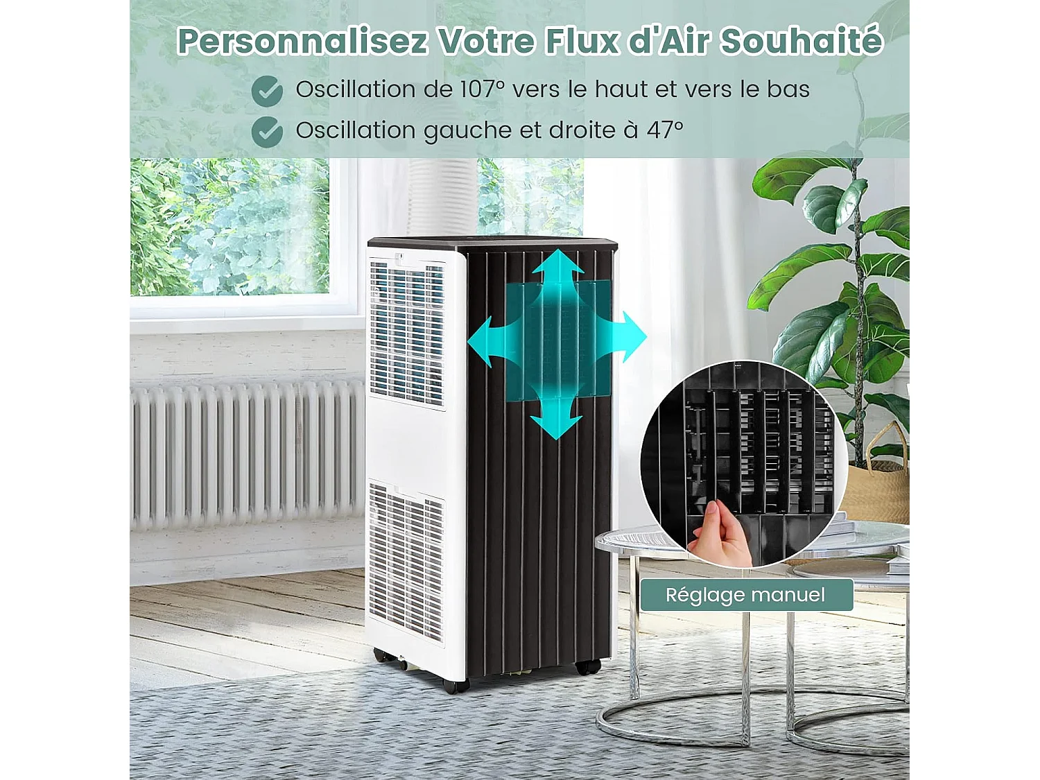 9000BTU 4 in 1 stille draagbare airconditioner [Energieklasse A] APP-bediening met koelventilator Luchtontvochtiger Slaapmodus 24-uurs timer
