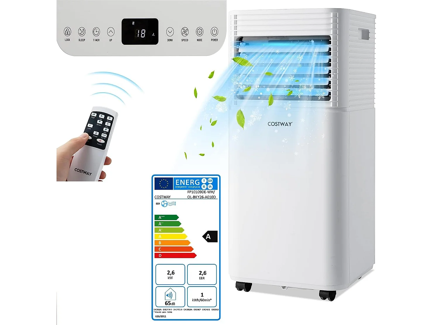 Climatiseur Mobile R290 4 en 1 - 9000 BTU 20 m² 2,6 kW [Classe Energétique A] avec Télécommande （Blanc)