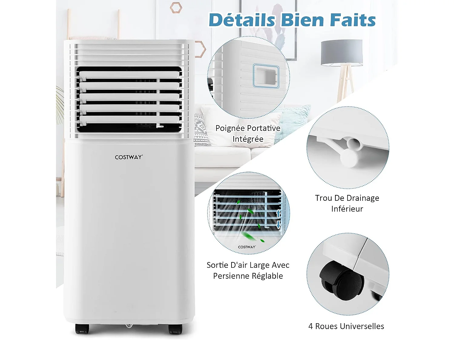 Climatiseur Mobile R290 4 en 1 - 9000 BTU 20 m² 2,6 kW [Classe Energétique A] avec Télécommande （Blanc)
