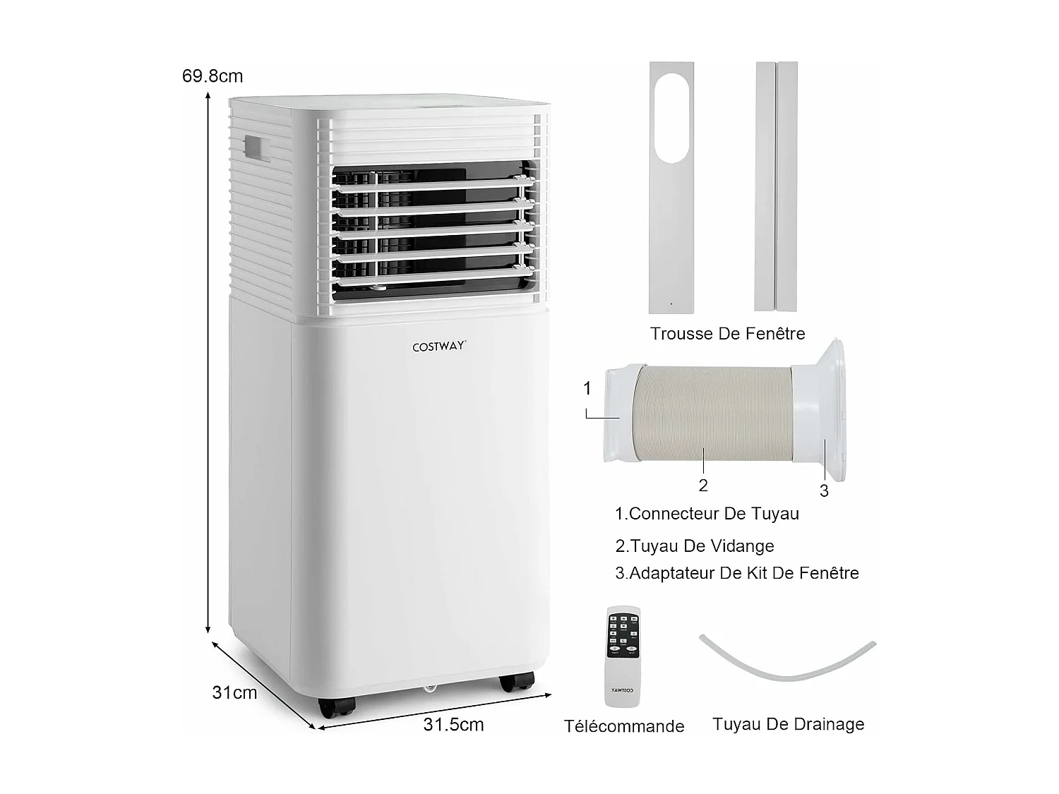 Climatiseur Mobile R290 4 en 1 - 9000 BTU 20 m² 2,6 kW [Classe Energétique A] avec Télécommande （Blanc)