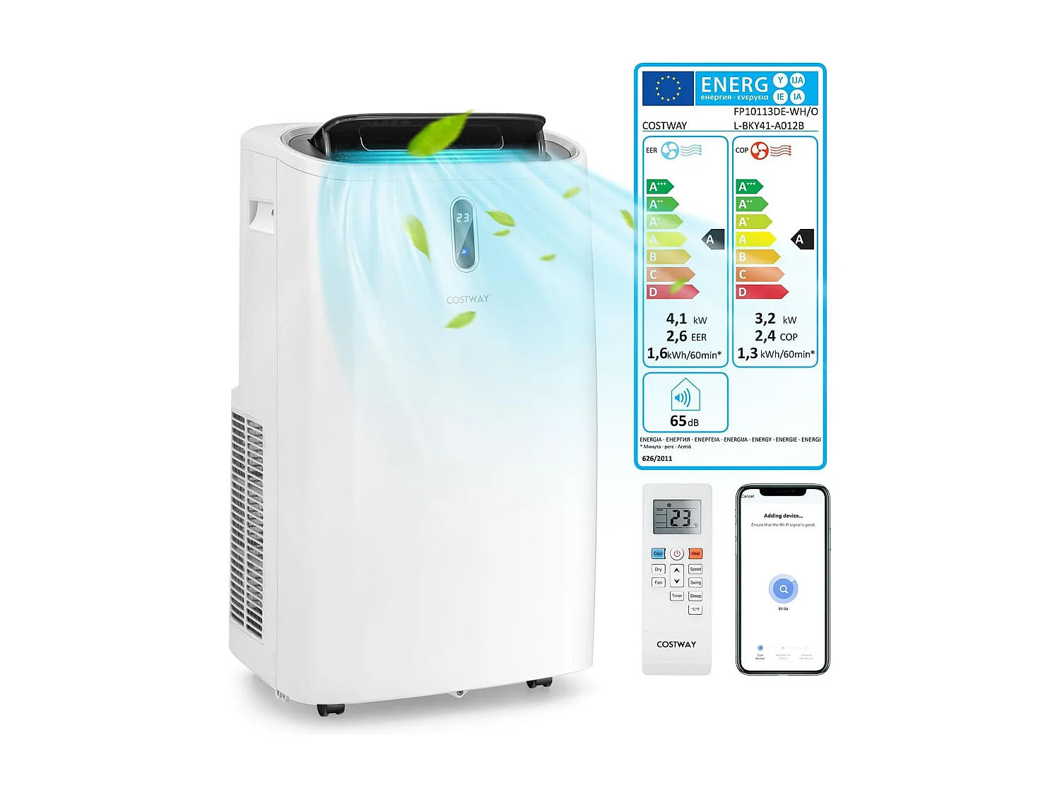 Climatiseur Mobile 5 en 1 R290 14000BTU [Classe énergétique A] Contrôle Télécommande/APP Chauffage Rafraîchissement Déshumidification Ventilateur et Mode Nuit