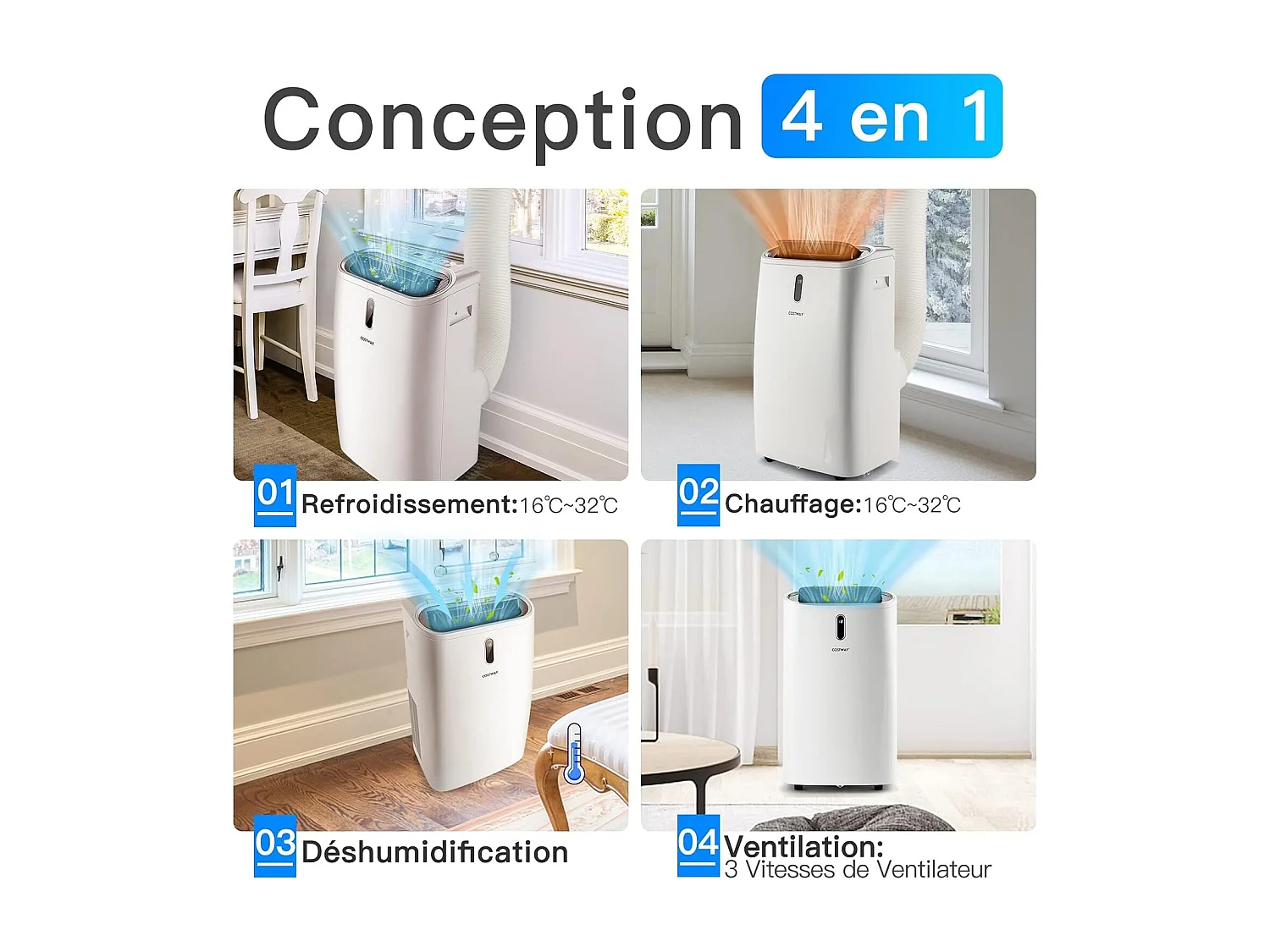 Climatiseur Mobile 5 en 1 R290 16000BTU [Classe énergétique A] Contrôle Télécommande/APP Chauffage Rafraîchissement Déshumidification Ventilateur et Mode Nuit