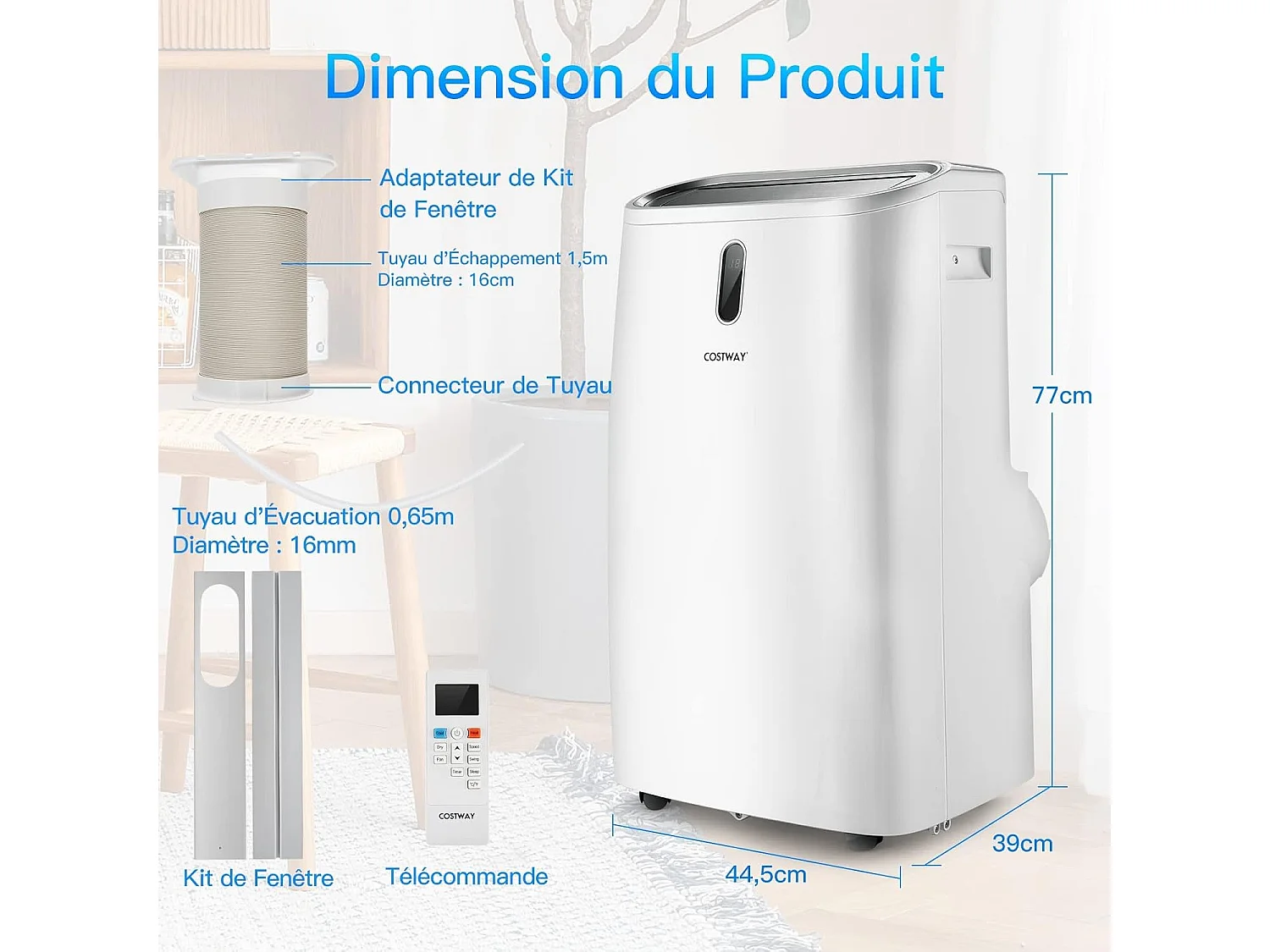 Climatiseur Mobile 5 en 1 R290 16000BTU [Classe énergétique A] Contrôle Télécommande/APP Chauffage Rafraîchissement Déshumidification Ventilateur et Mode Nuit