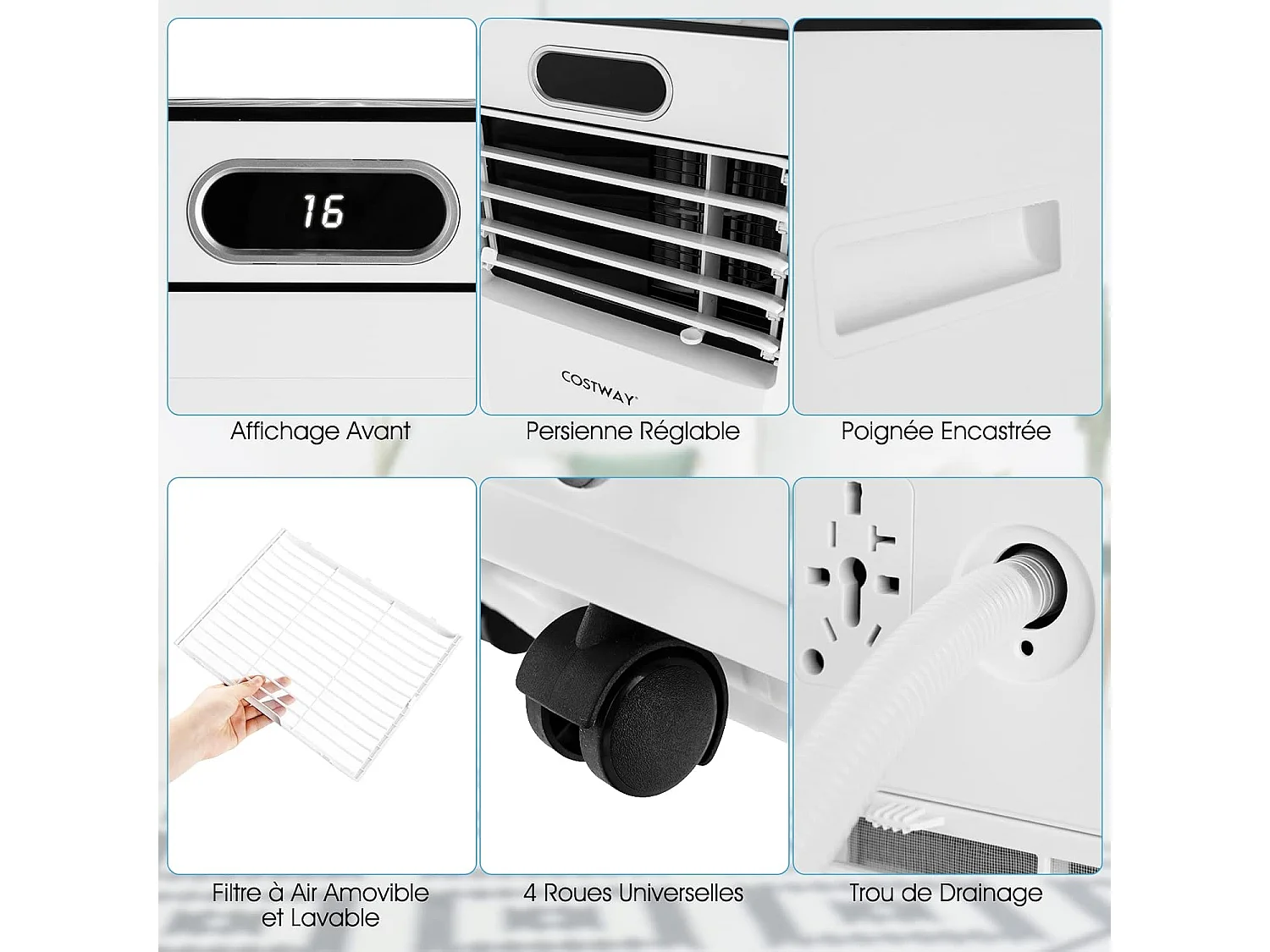 Climatiseur Mobile 4 en 1 R290 7000BTU 15 ㎡ [Classe énergétique A] Rafraîchissement, Déshumidification, Ventilateur et Mode Nuit (Blanc)