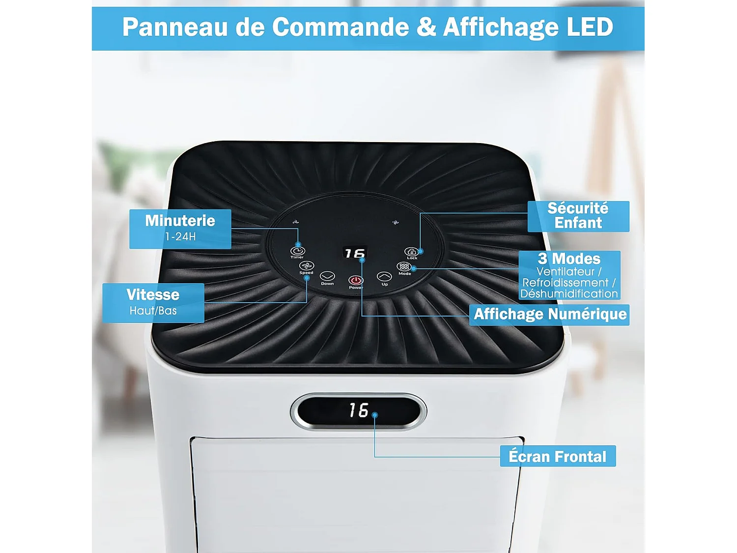 Climatiseur Mobile 4 en 1 R290 7000BTU 15 ㎡ [Classe énergétique A] Rafraîchissement, Déshumidification, Ventilateur et Mode Nuit (Blanc)