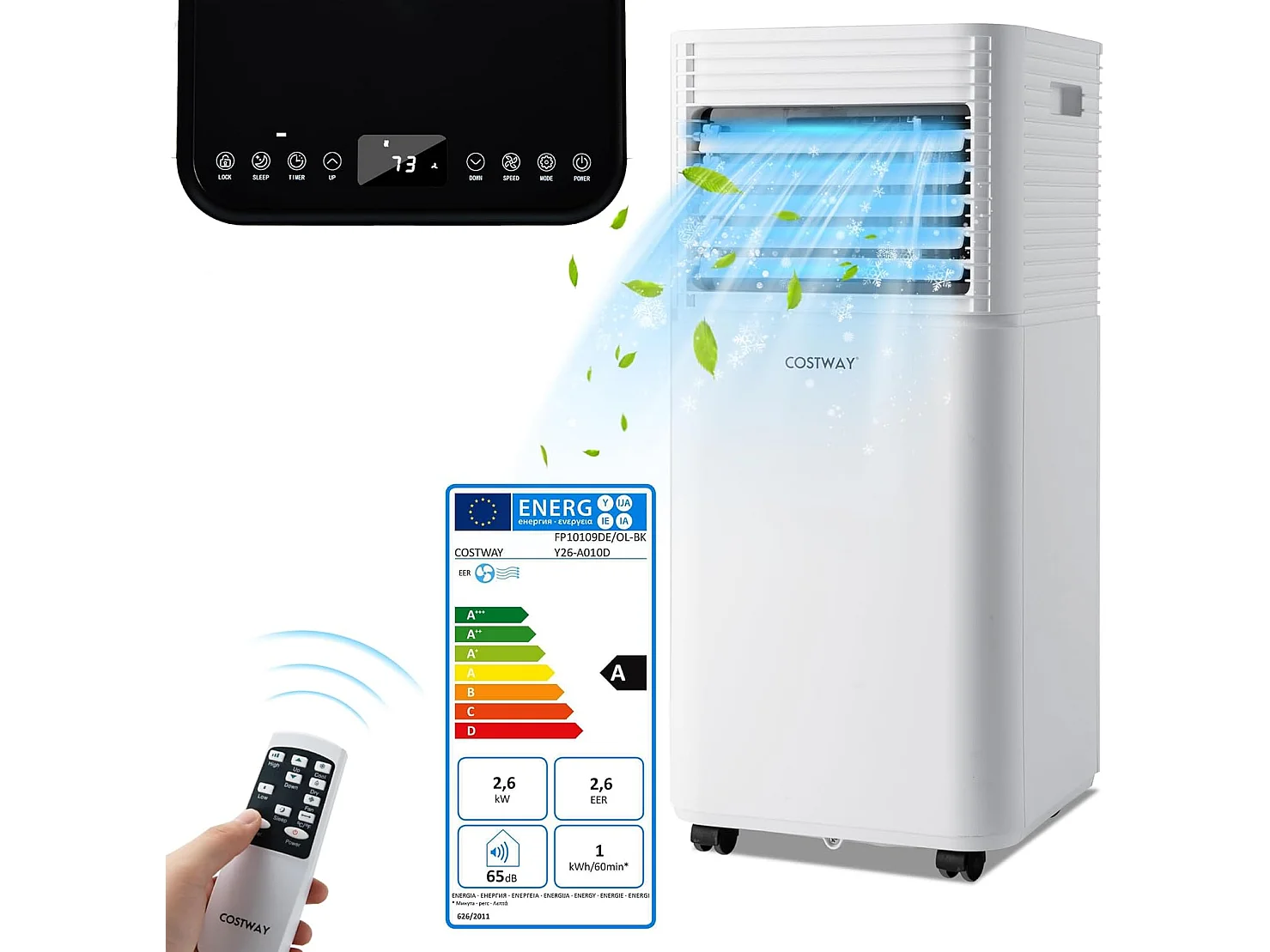 Climatiseur Mobile R290 4 en 1 - 9000 BTU 20 m² 2,6 kW [Classe Energétique A] avec Télécommande （Noir)
