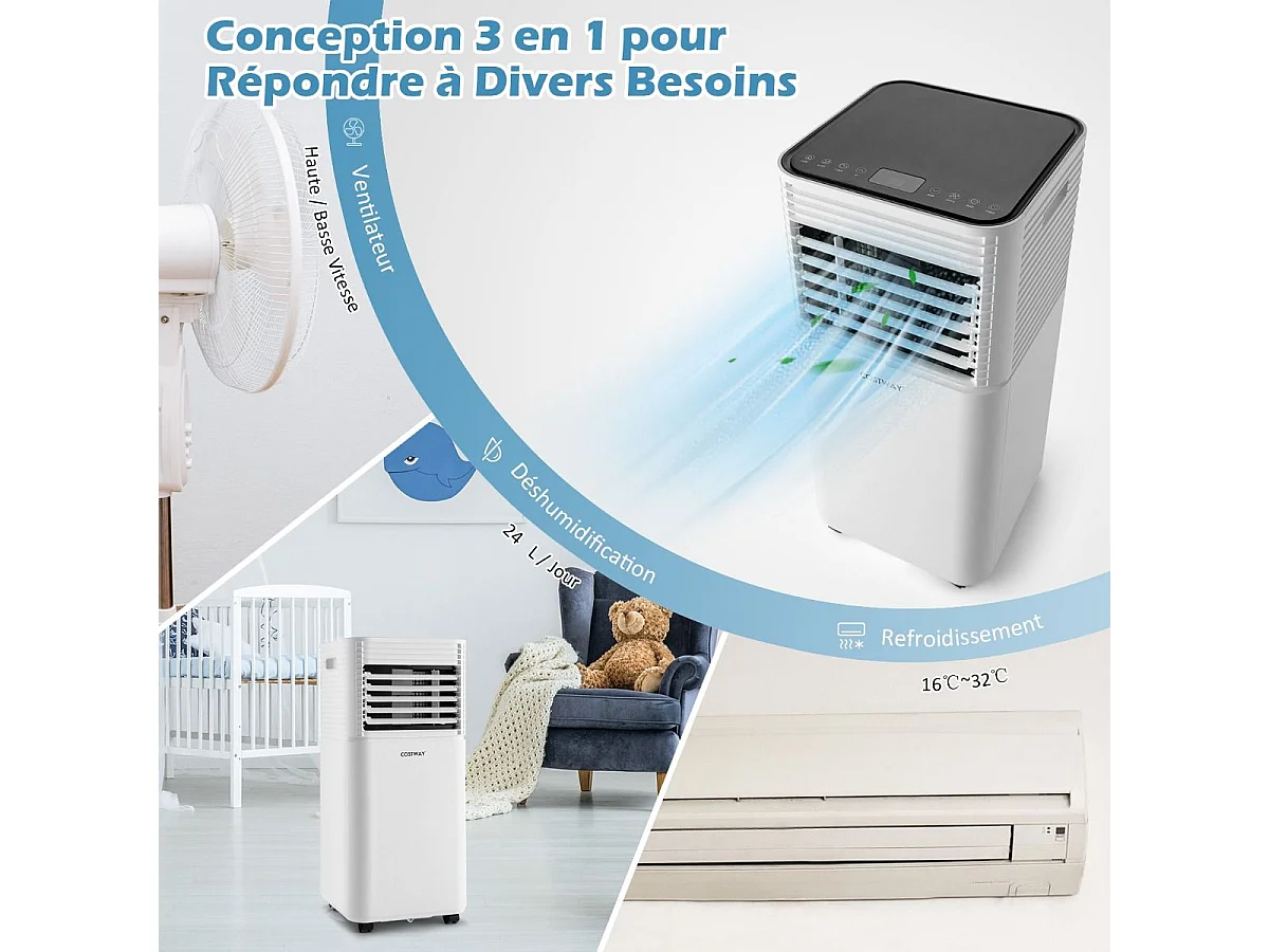 Climatiseur Mobile R290 4 en 1 - 9000 BTU 20 m² 2,6 kW [Classe Energétique A] avec Télécommande （Noir)
