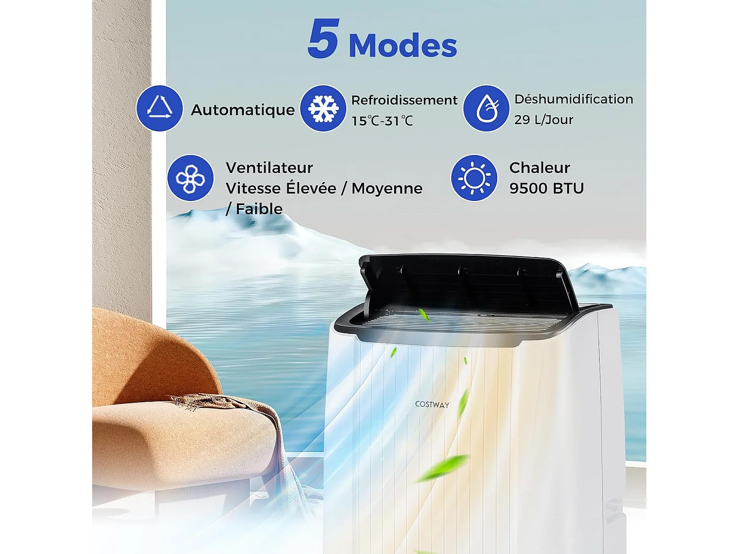 Climatiseur Mobile Silencieux 6 EN 1, Refroidissement, Chauffage, Ventilateur, Déshumidificateur,Mode Nuit,Climatisation Rapide (Clim Pro|12000BTU)