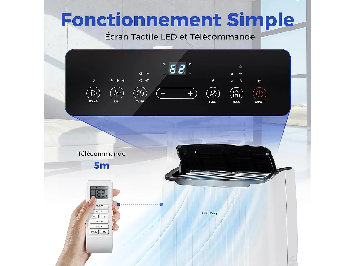 Climatiseur Mobile Silencieux 6 EN 1, Refroidissement,Chauffage,Ventilateur,Déshumidificateur,Mode Nuit,Climatisation Rapide,Clim Mobile (Clim Pro|14000BTU)