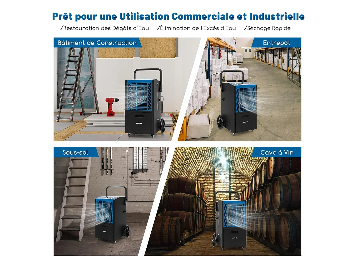 Déshumidificateur Professionnel 66L/Jour, Déshumidificateur Industriel avec Pompe et Tuyau de Vidange, jusqu'à 418 m², Minuterie 24 H (Bleu)